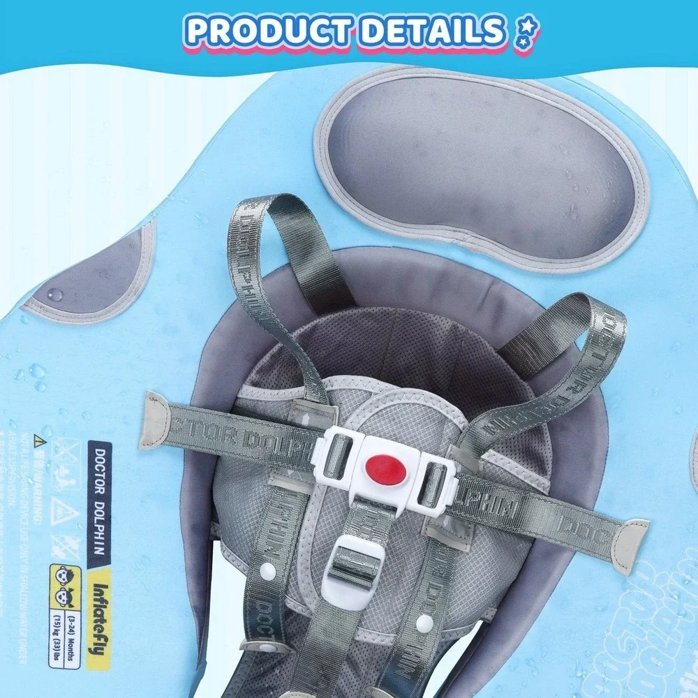 Doctor Dolphin Baby Swimming Ring Air-Free w/ Canopy & Safety Harness 3–24M NEW